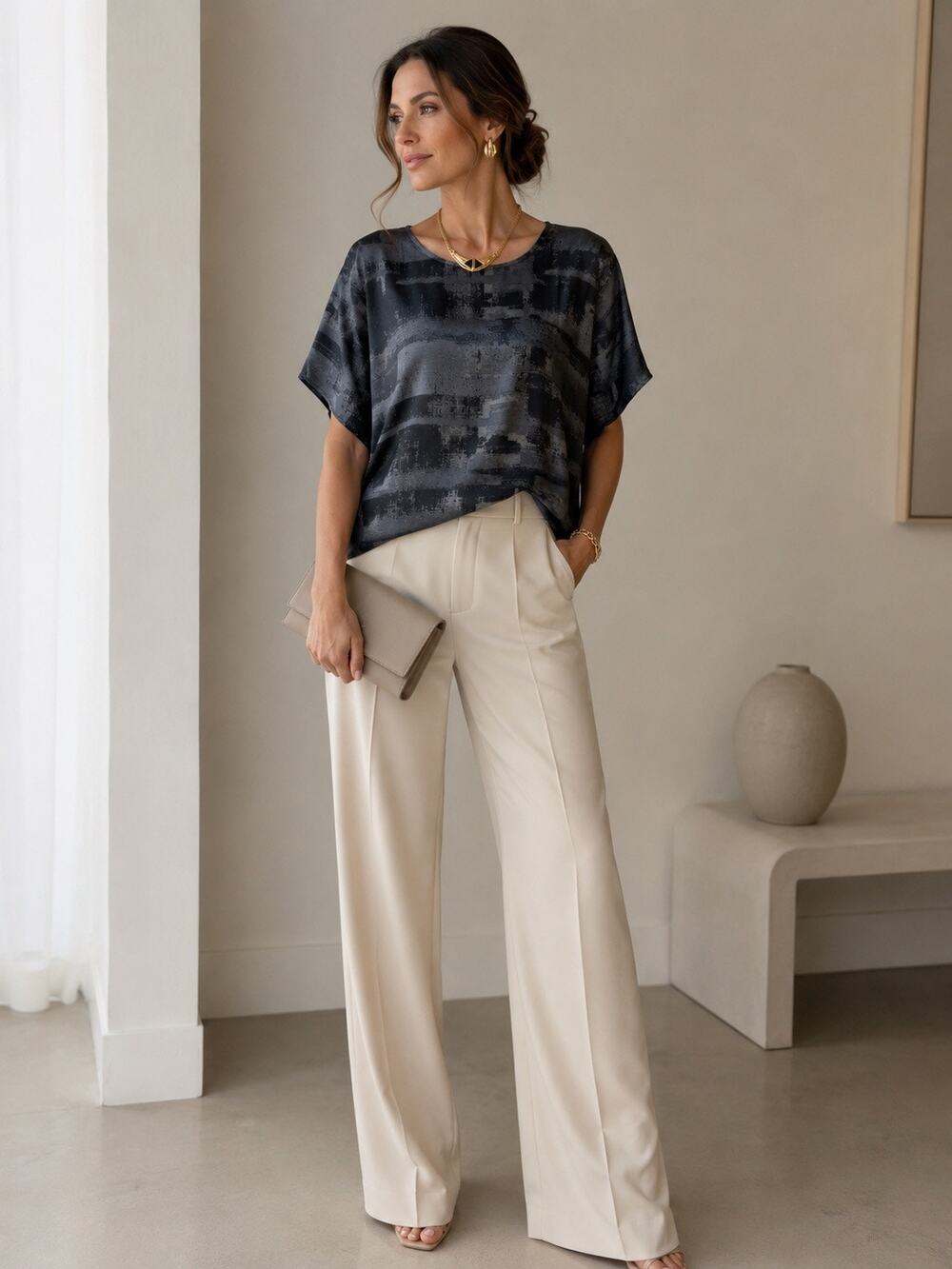 Eileen Fisher XL 100% Silk Gray Black Abstract Print Relaxed Short Sleeve Top